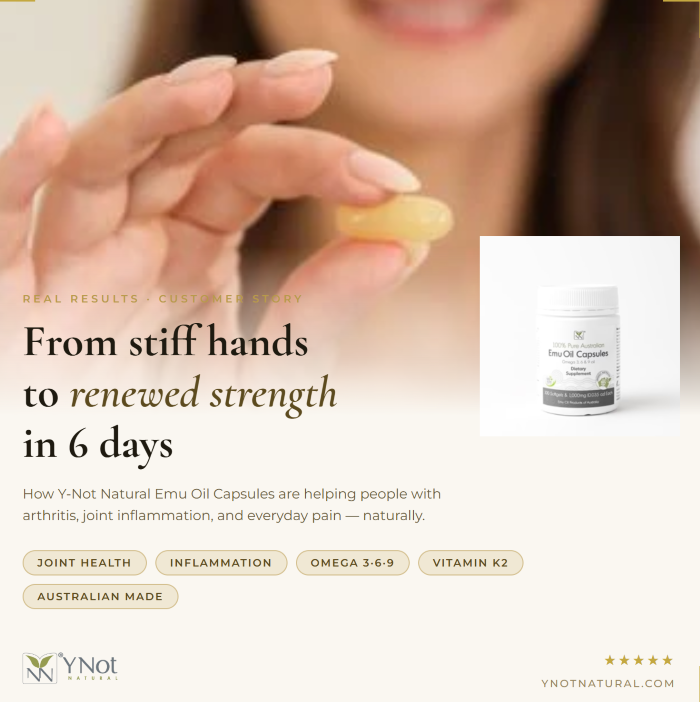 From arthritis stiffness to daily mobility — one customer's remarkable journey with Y-Not Natural Emu Oil.