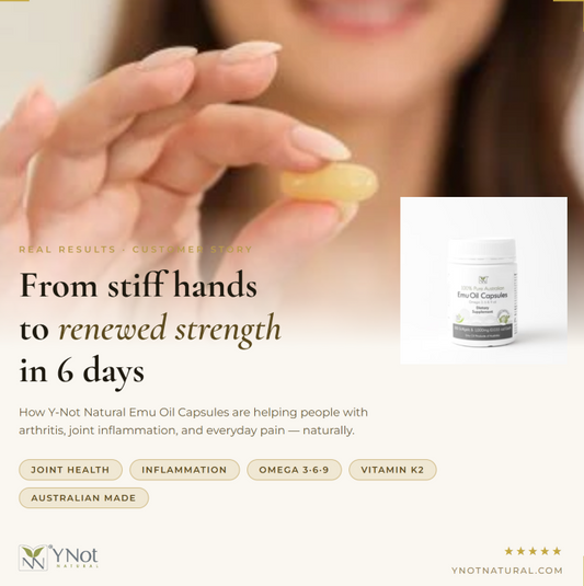 From arthritis stiffness to daily mobility — one customer's remarkable journey with Y-Not Natural Emu Oil.